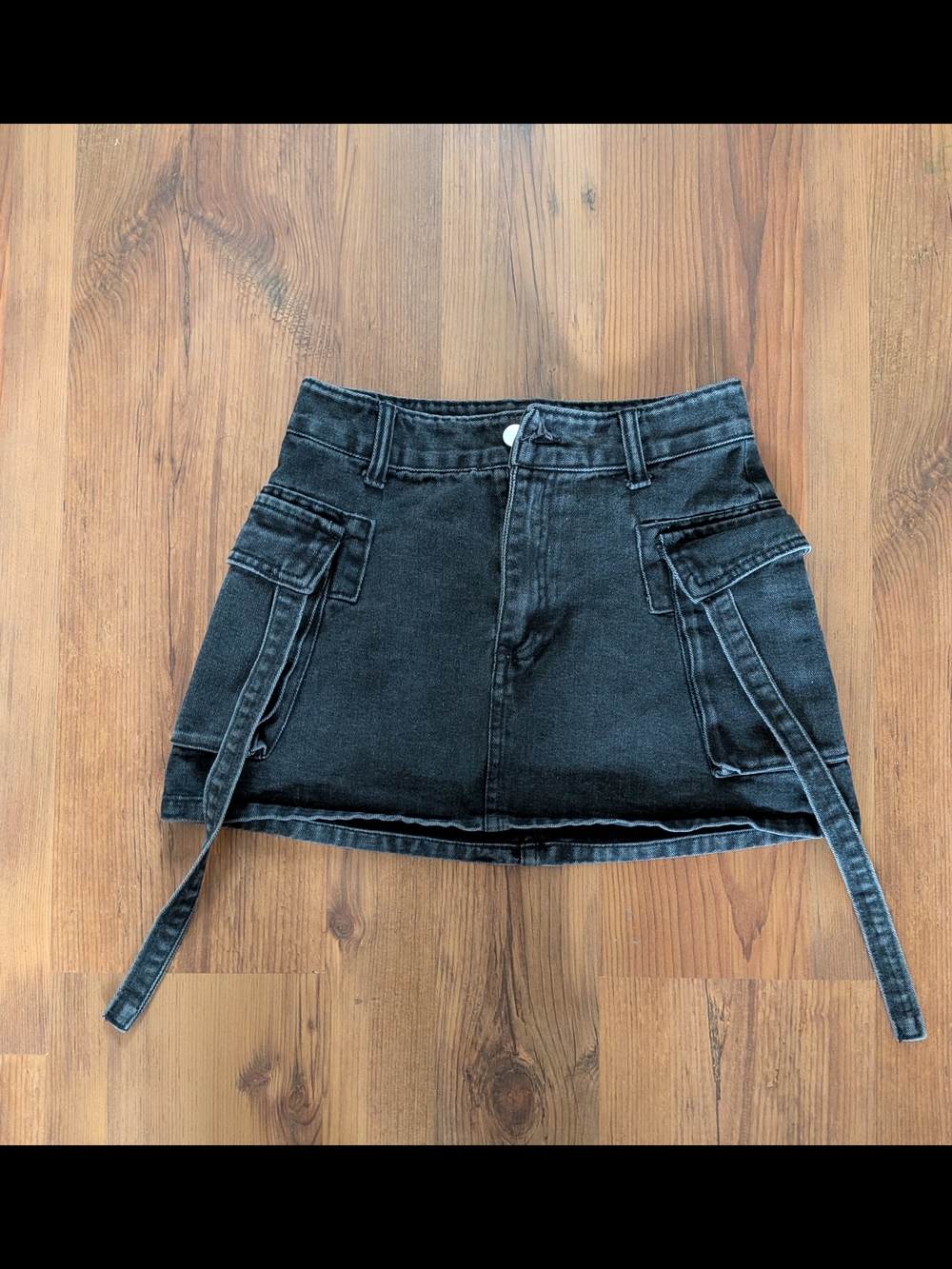 Black Denim Cargo Mini Skirt with Strap Details